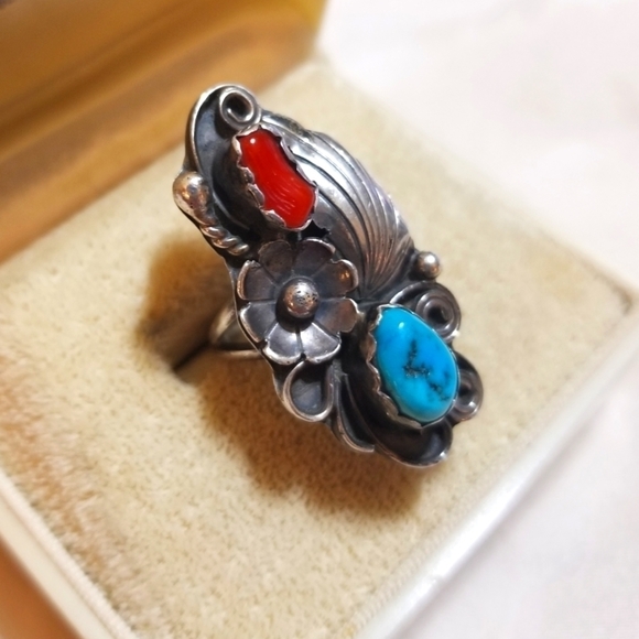 Navajo SIGNED JR RALPH JOHNSON Coral Turquoise Sterling Ring - Picture 4 of 8